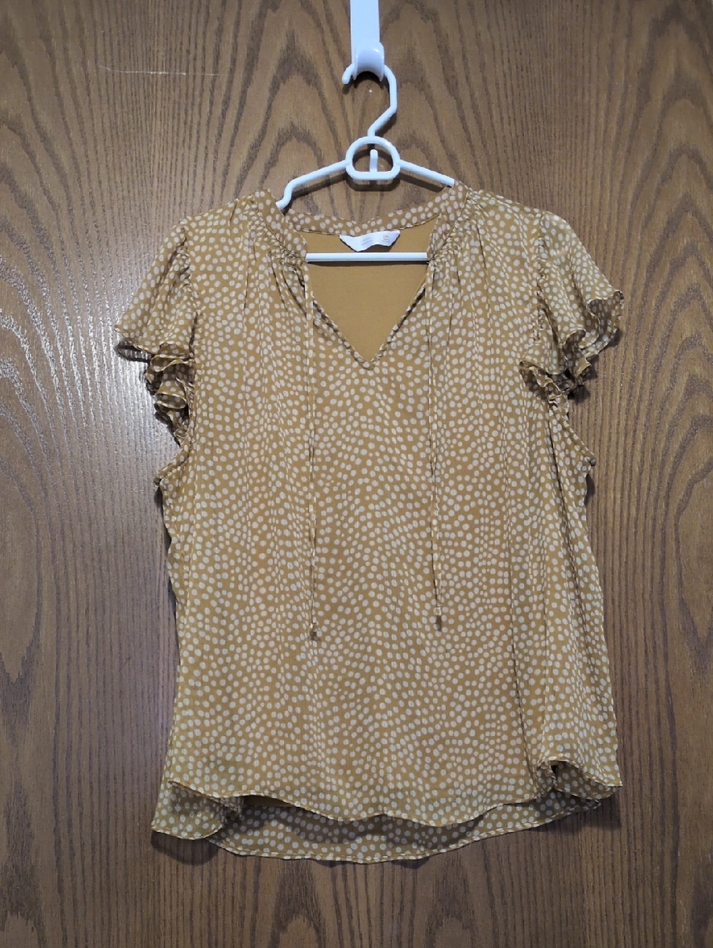 LC Lauren Conrad Mustard Dot Tie-Neck Flutter Sleeve Blouse